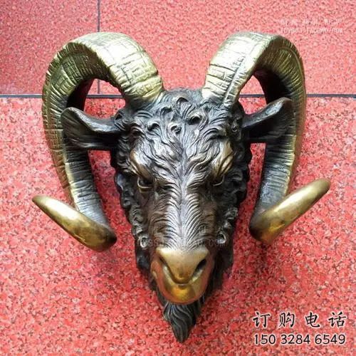 仿古羊頭雕塑廠家 戶外賓館小品 玄關(guān)彩繪羊頭雕塑