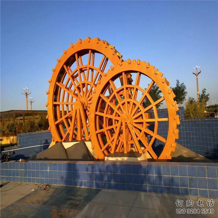 仿古水車雕塑廠家 公園廣場(chǎng)小品 房地產(chǎn)不銹鋼水車雕塑制作
