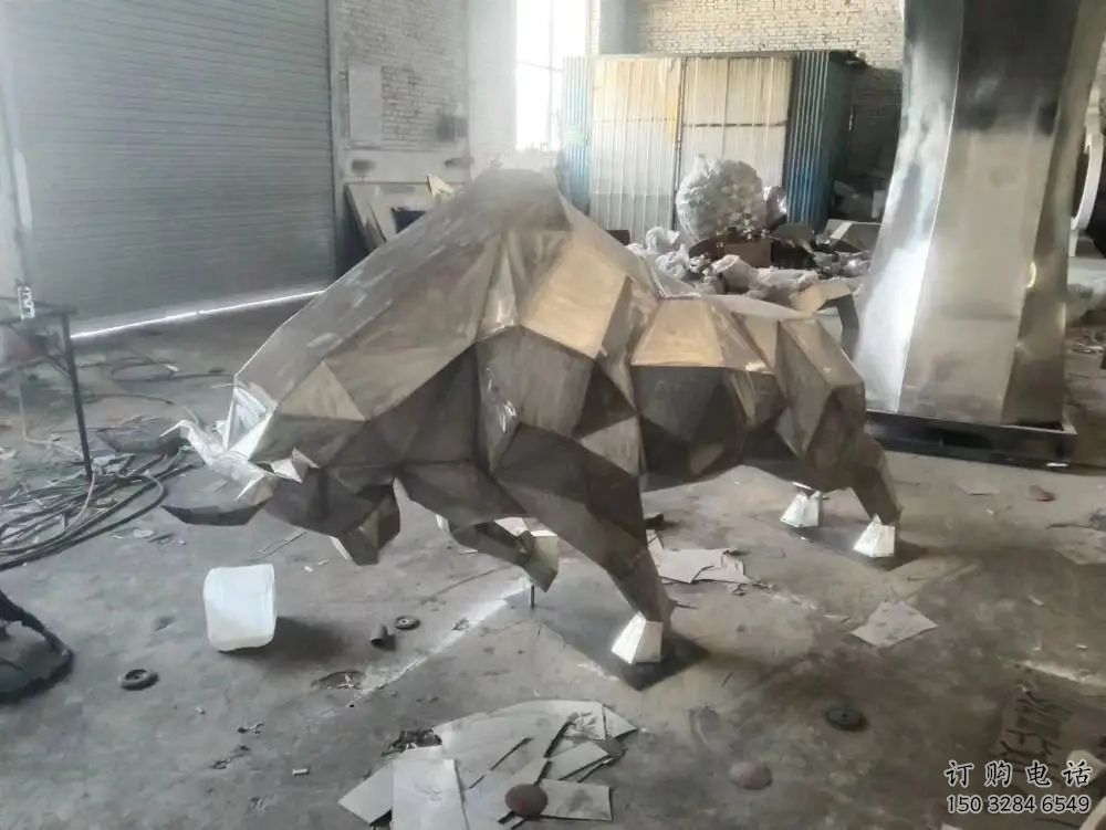 拉絲牛雕塑 幾何不銹鋼雕塑動物 拉絲牛雕塑 幾何不銹鋼雕塑動物