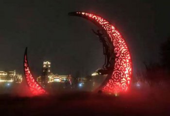 公園月亮雕塑效果圖，噴砂發(fā)光雕塑，鍛造工藝制作