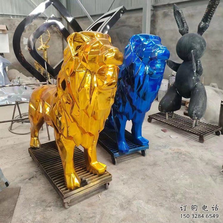 電鍍獅子雕塑精選，美陳雕塑，鍛造不銹鋼獅子雕塑通用