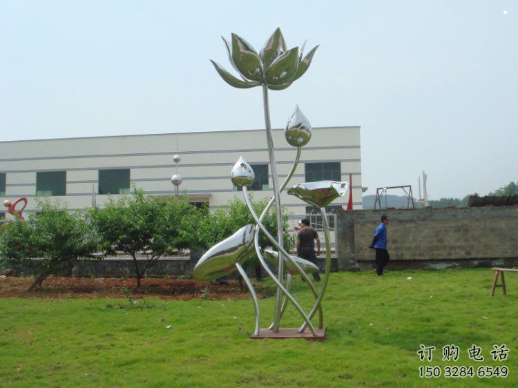 鏡面荷花雕塑，不銹鋼植物雕塑，景觀美陳擺件