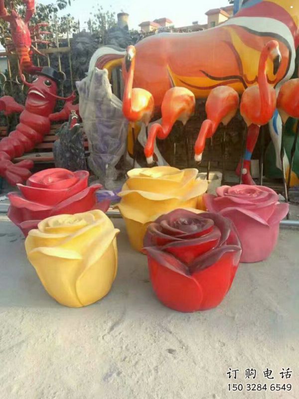 彩繪玫瑰花雕塑制作，景觀概念，廣場(chǎng)玻璃鋼玫瑰花雕塑常用