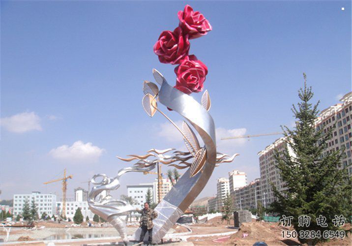 烤漆月季雕塑承接，美陳雕塑，月季花朵雕塑廠家