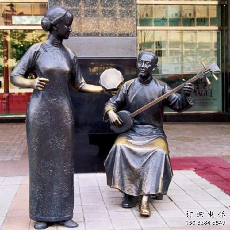 拉二胡雕塑觀賞型，公園小品，別墅民俗人物雕塑生產(chǎn)商
