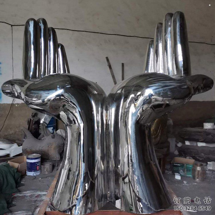 雙手雕塑廠家，酒店擺件，鏡面不銹鋼雙手雕塑訂做