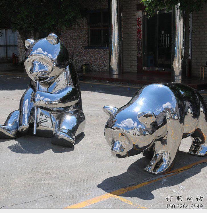 熊貓雕塑通用，街景小品，不銹鋼熊貓雕塑制造