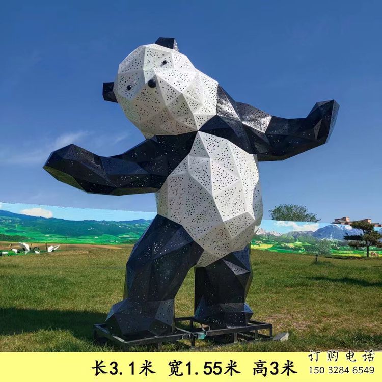熊貓雕塑擺件，彩鋼制作，大型切面熊貓雕塑公司展品