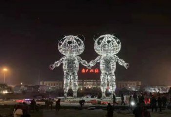 金屬熊貓雕塑制造，景觀雕塑，鏤空熊貓雕塑制作廠家