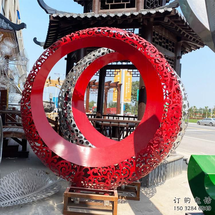 雙環(huán)雕塑生產(chǎn)，鏤空烤漆工藝，不銹鋼雙環(huán)雕塑制作