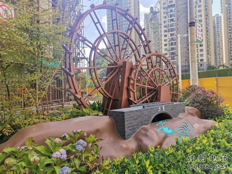 水車雕塑選用，小區(qū)擺件，大型水車雕塑公司