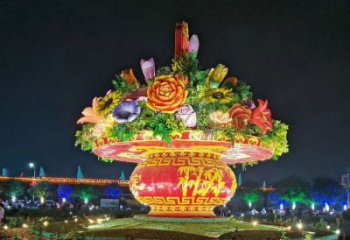 街道花籃雕塑，鍛造景觀雕塑，古銅效果