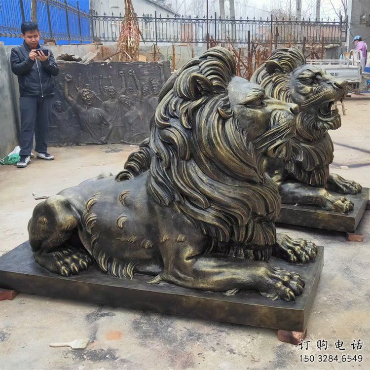 城關(guān)大型趴獅雕塑，仿銅動(dòng)物雕塑，玻璃鋼獅子雕塑制作