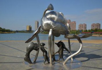 城關(guān)蓮蓬嬉戲雕塑，城市植物景觀雕塑，不銹鋼鏡面效果